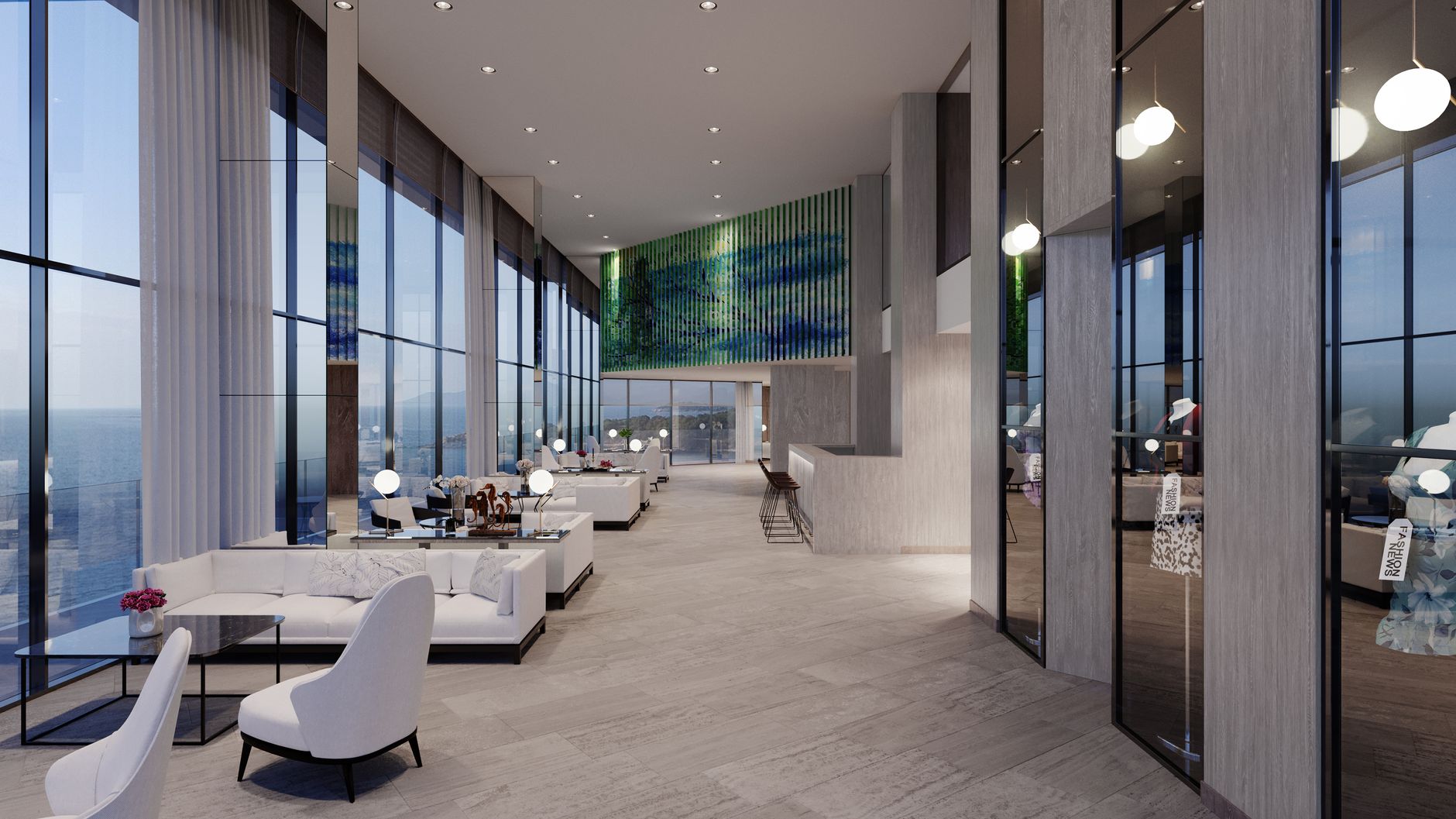 Luxury hotel lounge with ocean view